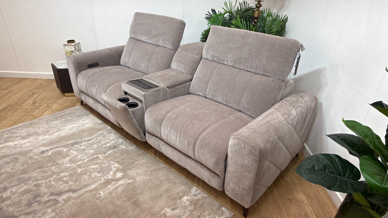 Sofology Allure Fabric 2.5 Seater Screen Console Power Recliner/Headrest Heated Seats Lumbar Speakers in Relaxed Chenille Nutmeg