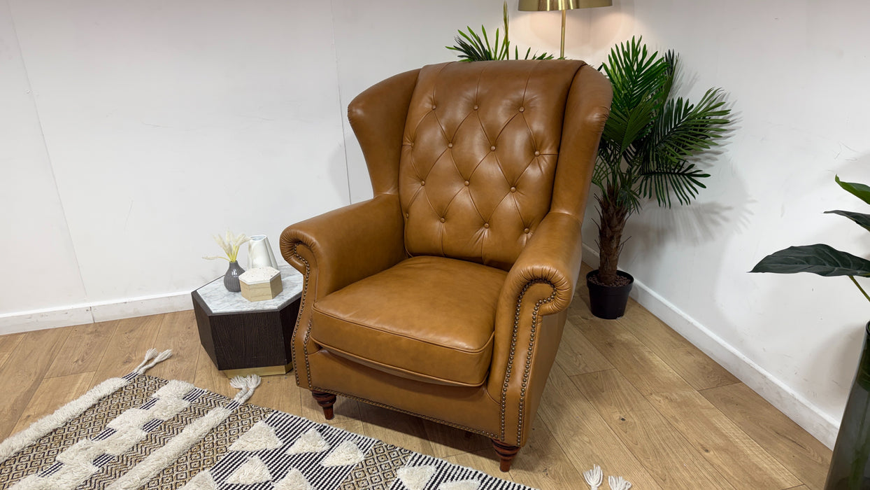 Sofology Darcy Leather Accent Wing Chair with Studs in Trusty Supersoft Sheen Tan