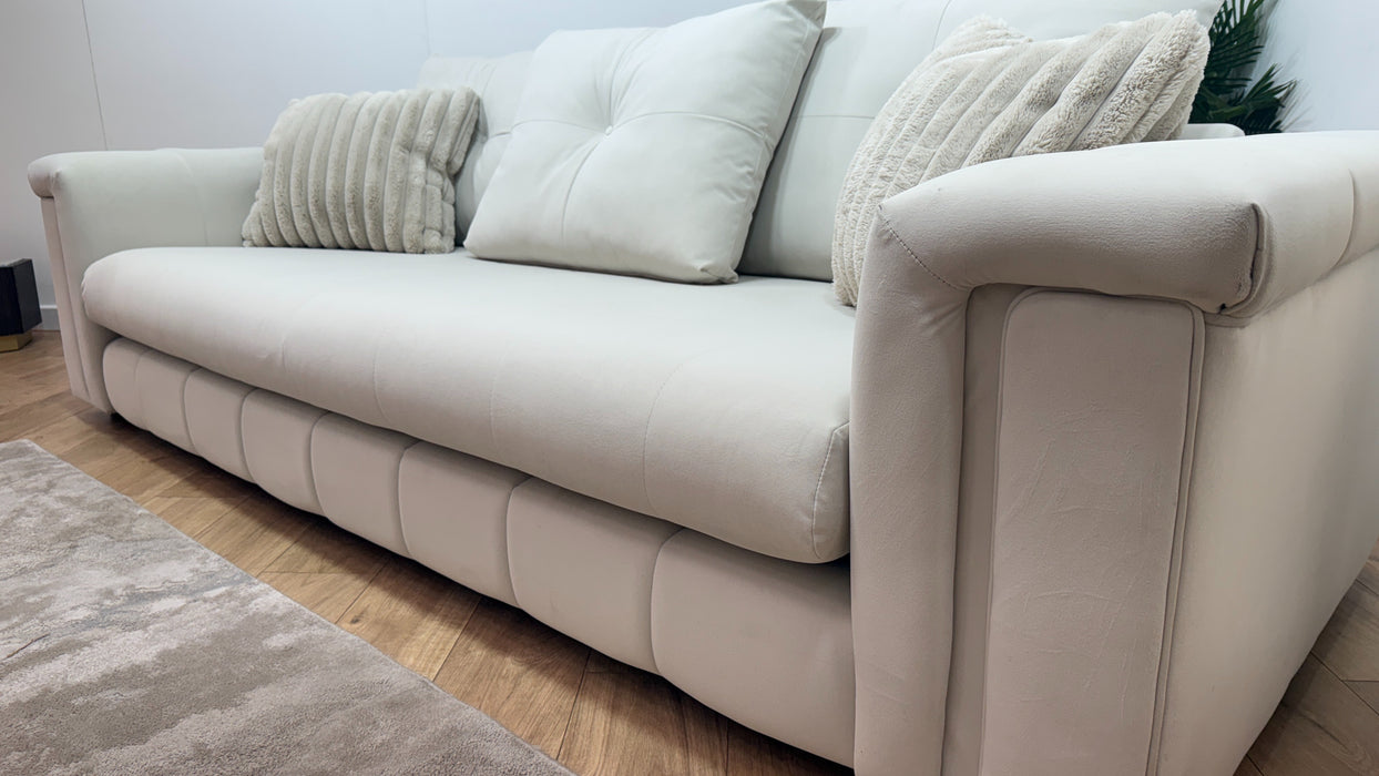 Sofology Oscar Fabric 4 Seater Distressed Walnut Trim in Super Matt Velvet Ecru Mix