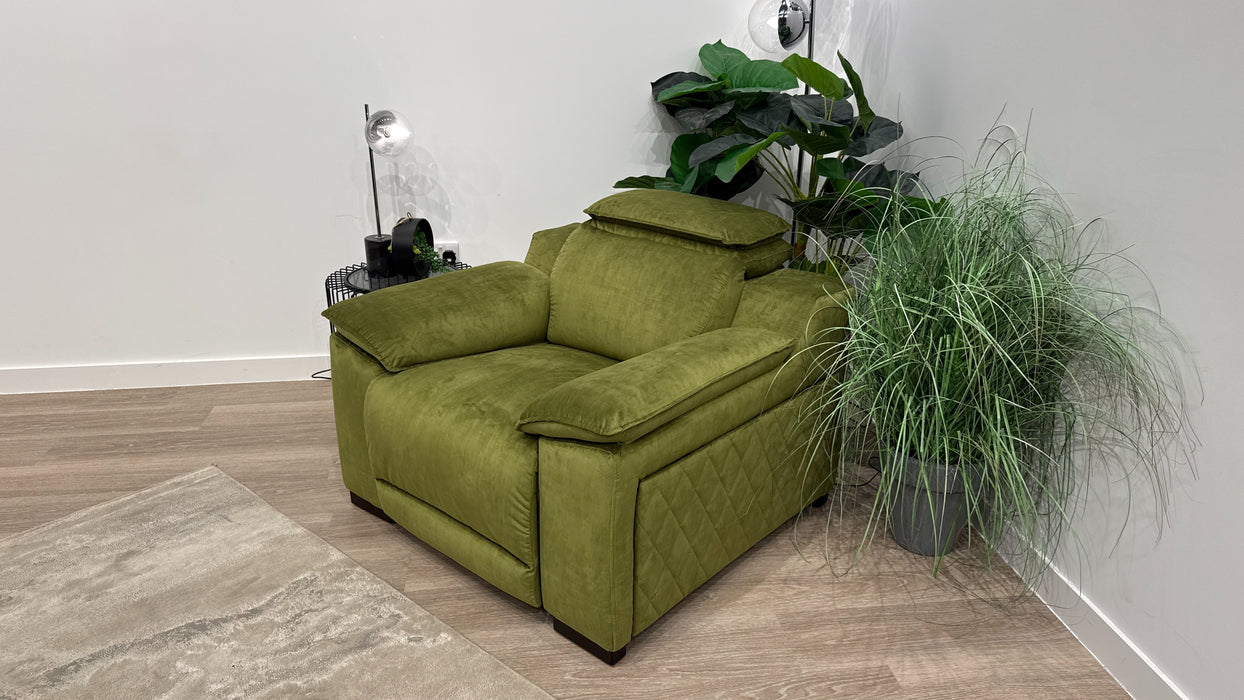 Sofology Benz Fabric Chair Power Recliner/Headrest Heated Seat in Heritage Velvet Olive