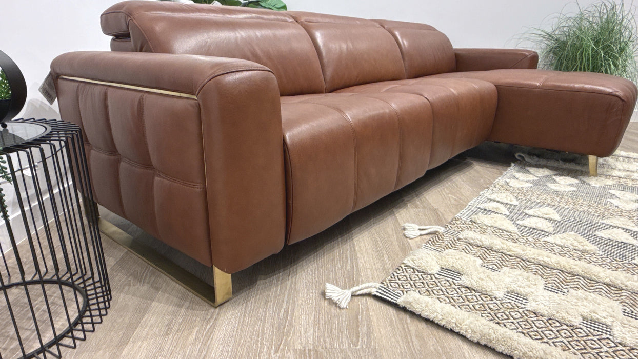 Sofology Marvella Leather 4 Seater Chaise Power Recliner/Headrest in Trusty Sheen Butterscotch