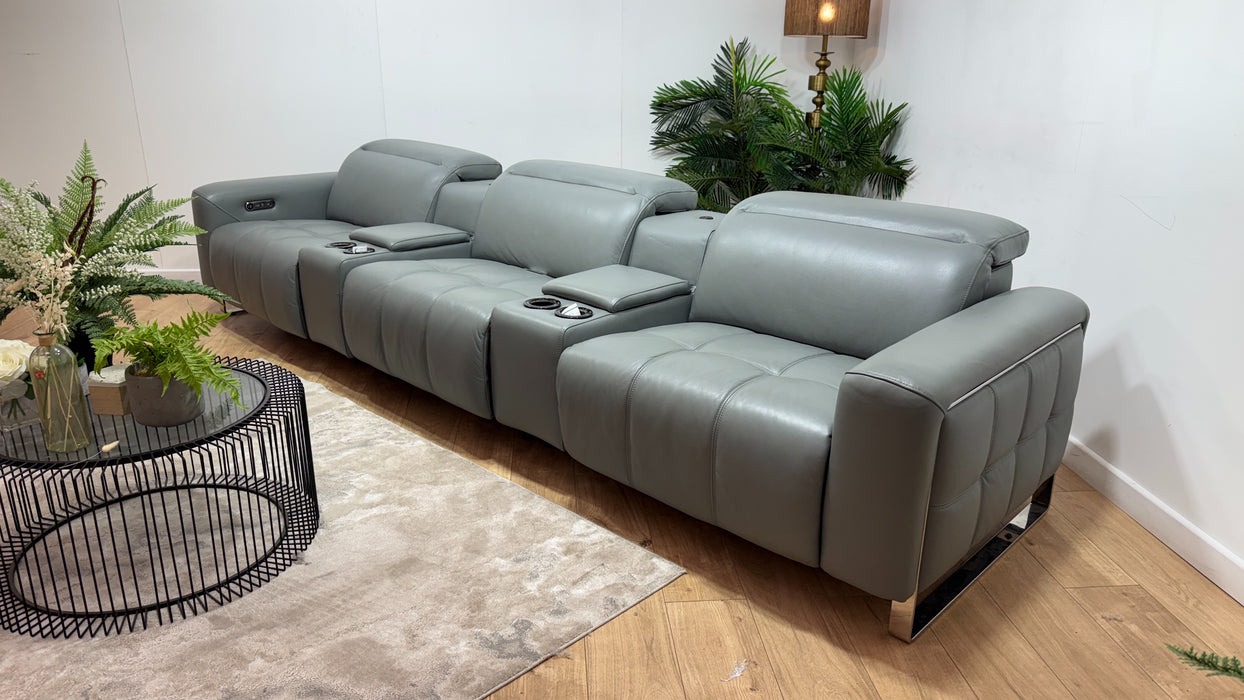 Sofology Marvella Leather 3 Seater Cinema Console Power Recliner/Headrest x 2 in Trusty Sheen Granite Teal