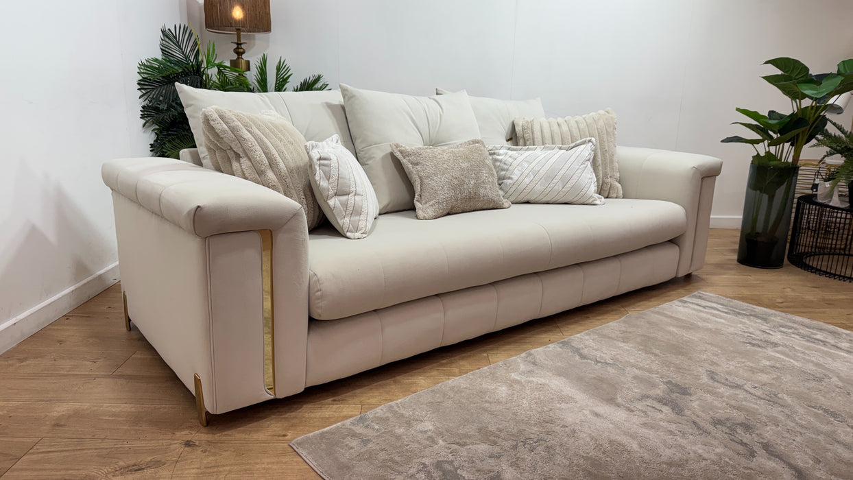 Sofology Oscar Fabric 4 Seater Gold Trim in Super Matt Velvet Ecru Mix