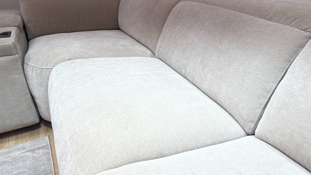 Sofology Horizon Fabric 1.5 Smart Console Corner 3 Power Recliner/Headrest Heated Seats in Textured Chenille Stone