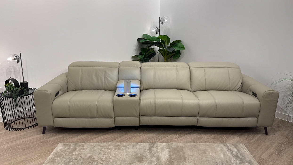 Sofology Allure Leather 3 Seater Power Recliner/Headrest Heated Seats Lumbar Support Speakers in Trusty Embossed Light Grey
