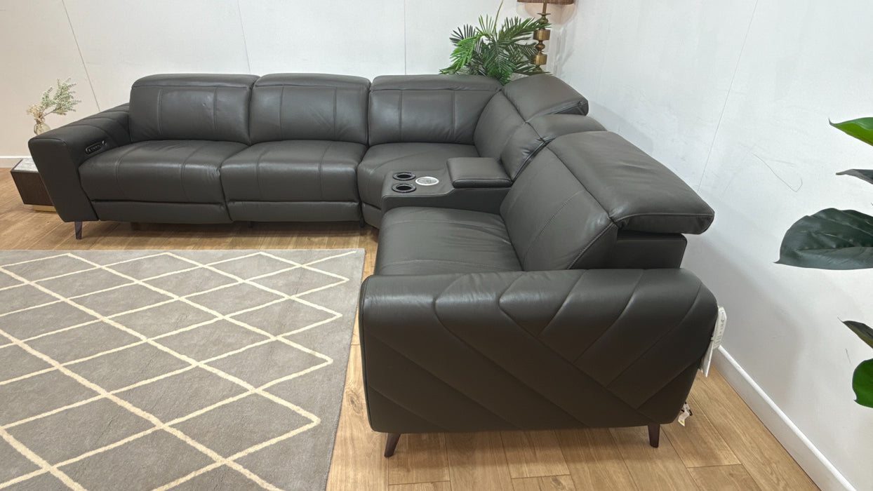 Sofology Allure Leather 3 Corner Smart Console 1.5 Power Recliner/Headrest Heated Seats Lumbar Support Speakers Trusty Embossed Charcoal