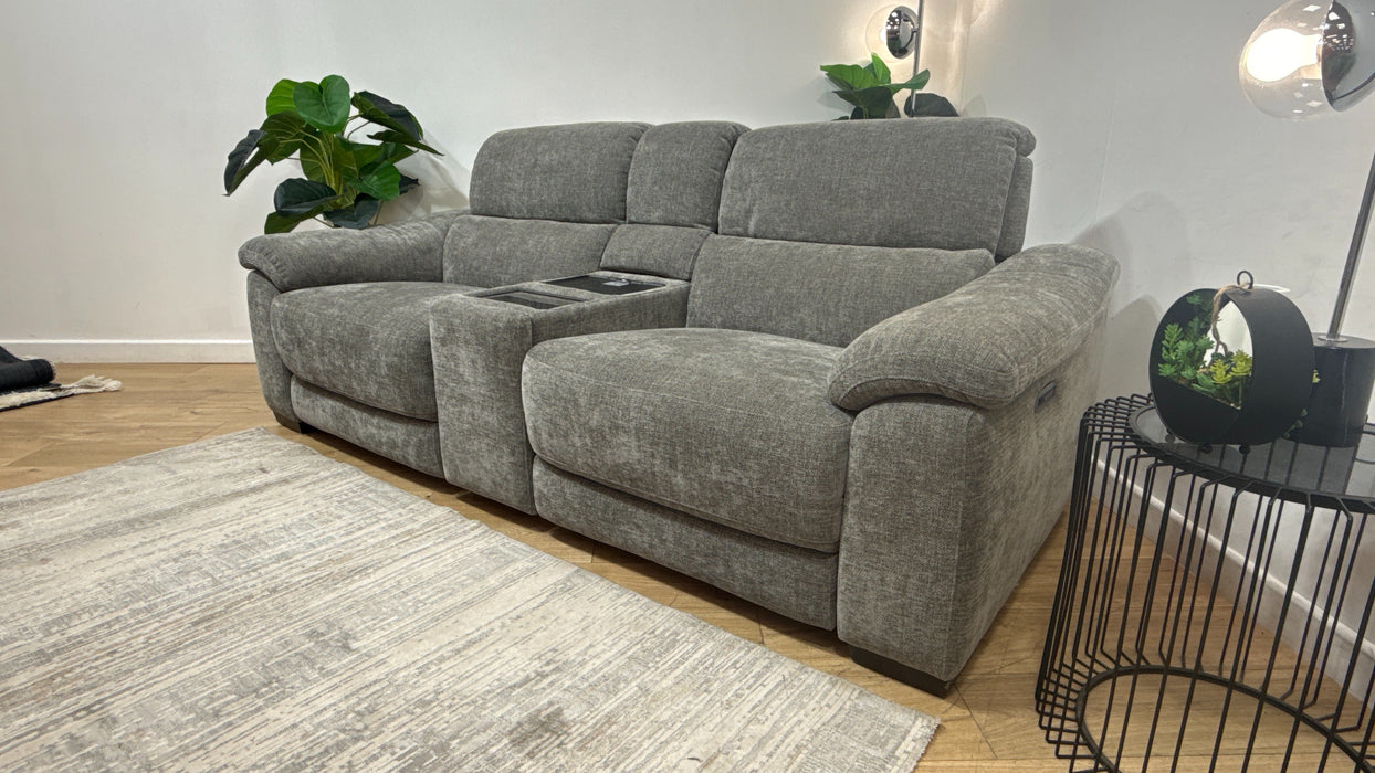 Sofology Elevate 2.5 Seater Screen Console Power Recliner/Headrest Heated Seats Lumbar Support Speakers in Chenille Grey Fab