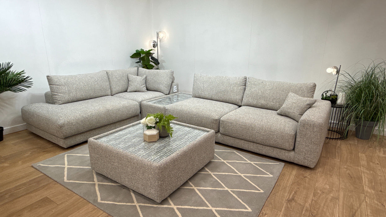 Sofology Amalfi Fabric Chaise 1 Corner Console 3 in Micro Flecked Boucle + Glass Table Pebble Mix