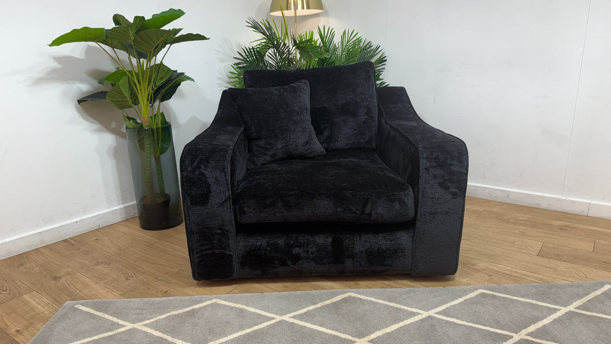 Sofology Bellagio Accent Chair Reversible Feather Flex Seat in Chunky Luxe Chenille Ebony