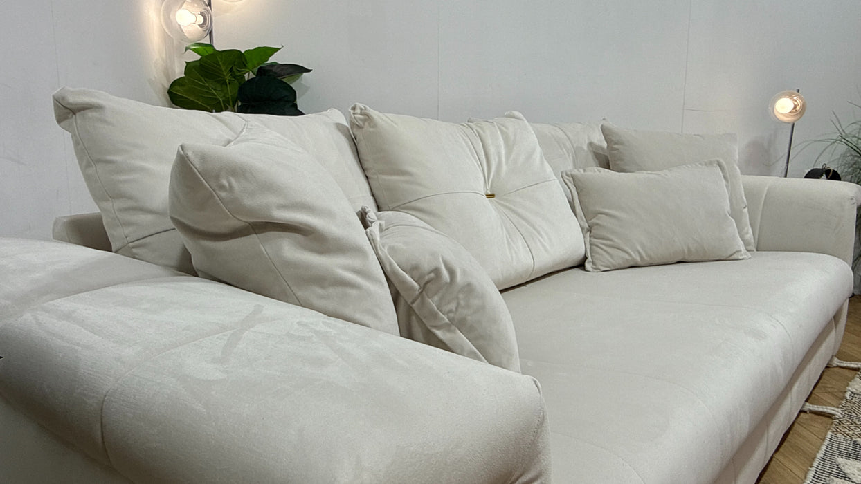 Sofology Oscar Fabric 4 Seater Gold Trim in Super Matt Velvet Ecru