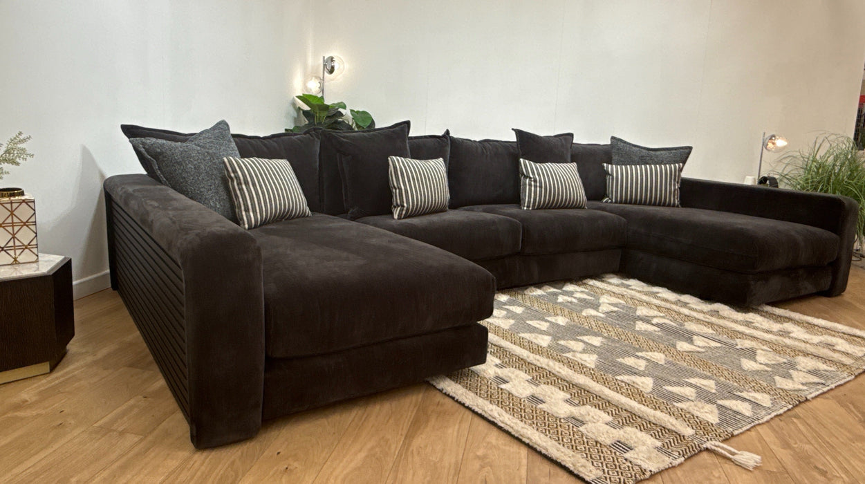 Sofology Cove Fabric Super Grande Double Chaise Black Wood Panel in Soft Chenille Anthracite Mix