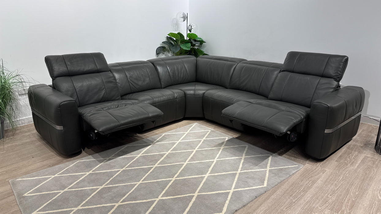 Sofology Lumiere Leather 3 Corner 3 Power Recliner/Headrest in Trusty Embossed Charcoal