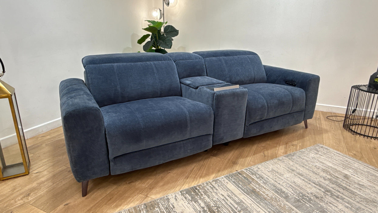 Sofology Allure Fabric 2.5 Seater Console with Screen Power Recliner/Headrest Heated Seats Lumbar Speakers in Relaxed Chenille Denim