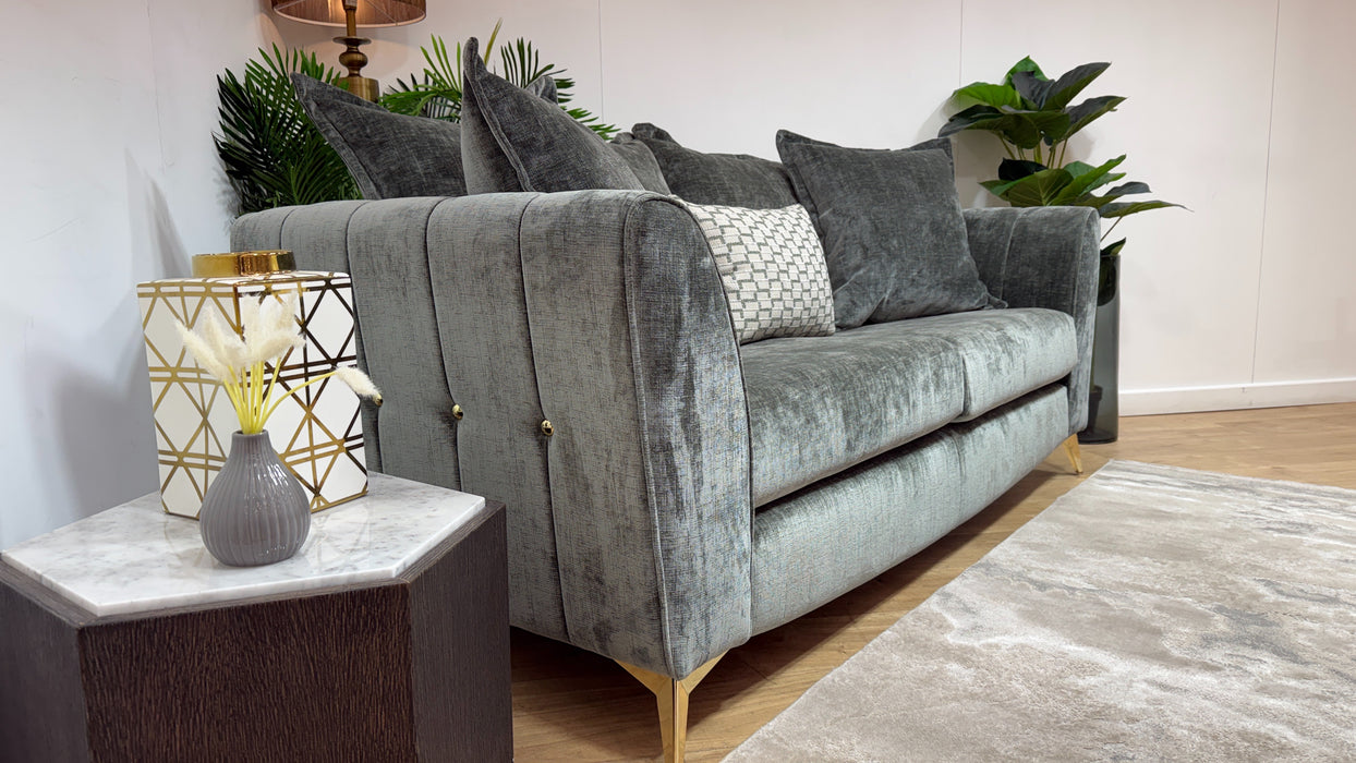 Sofology Luella Fabric 3 Seater Gold Buttons in Luxe Chenille Alpine Green Mix
