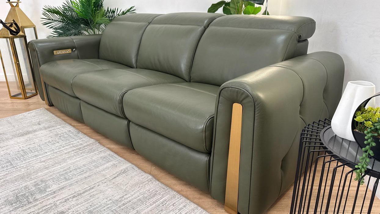 Sofology Kingsbridge Leather 3 Seater Power Recliner/Headrest Heated Seat in Trusty Embossed Dark Olive
