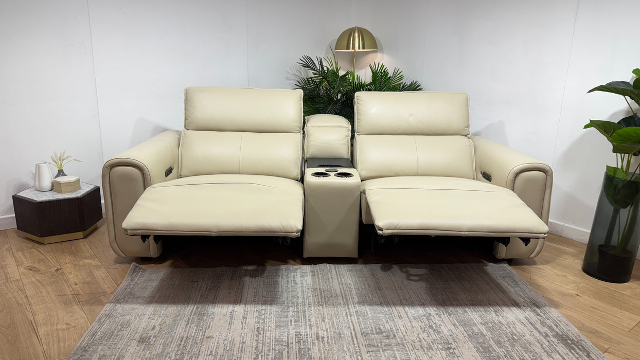 Sofology Premiere Leather 2.5 Seater Smart Console Power Recliner/Headrest Heated Seats in Trusty Embossed Bone China