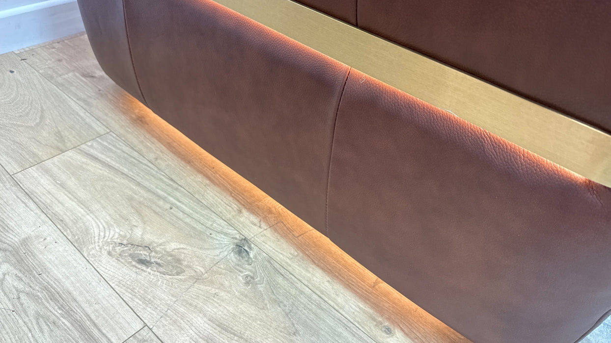 Sofology Lumiere Leather 1.5 Corner 3 Power Recliner/Headrest Gold Trim in Trusty Embossed Chestnut