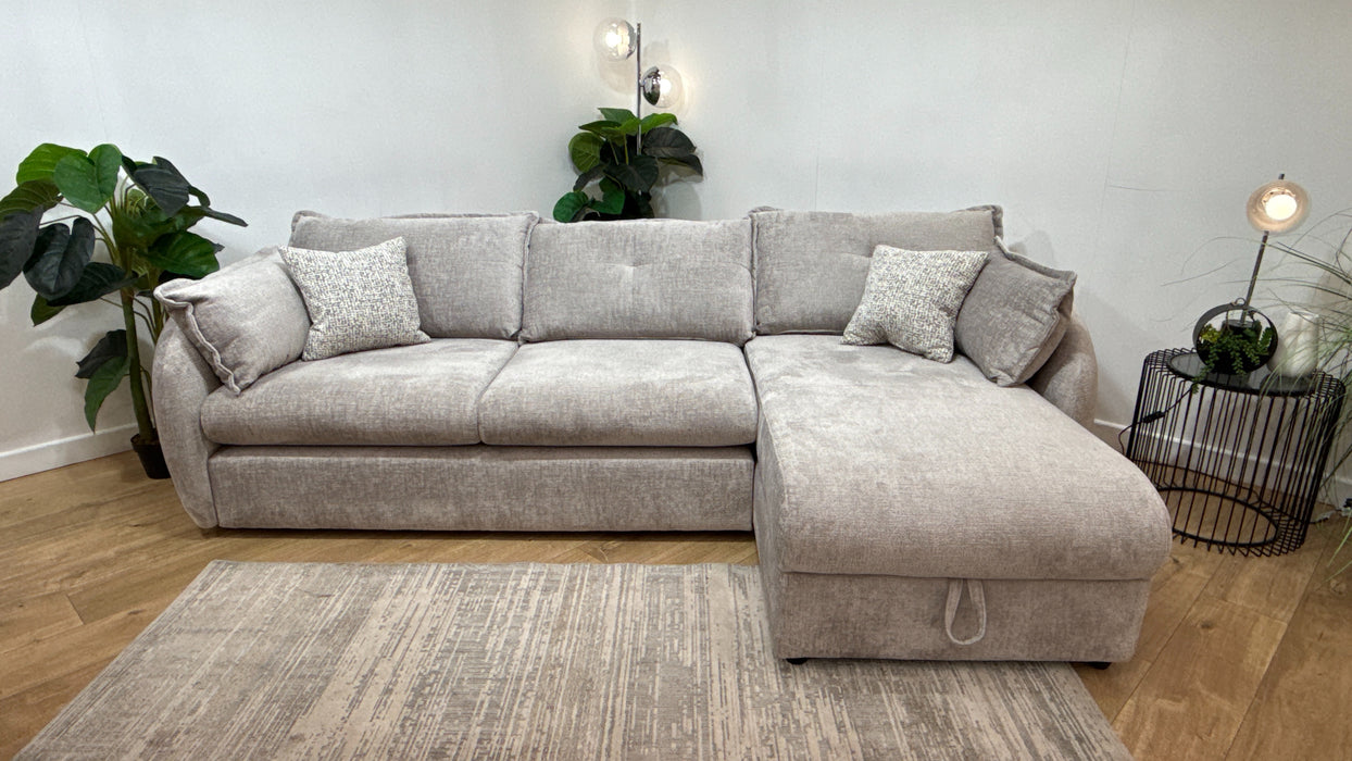 Sofology Portobello Fabric 3 Seater Chaise Storage Foam Seats in Teddy Chenille Silver Mix