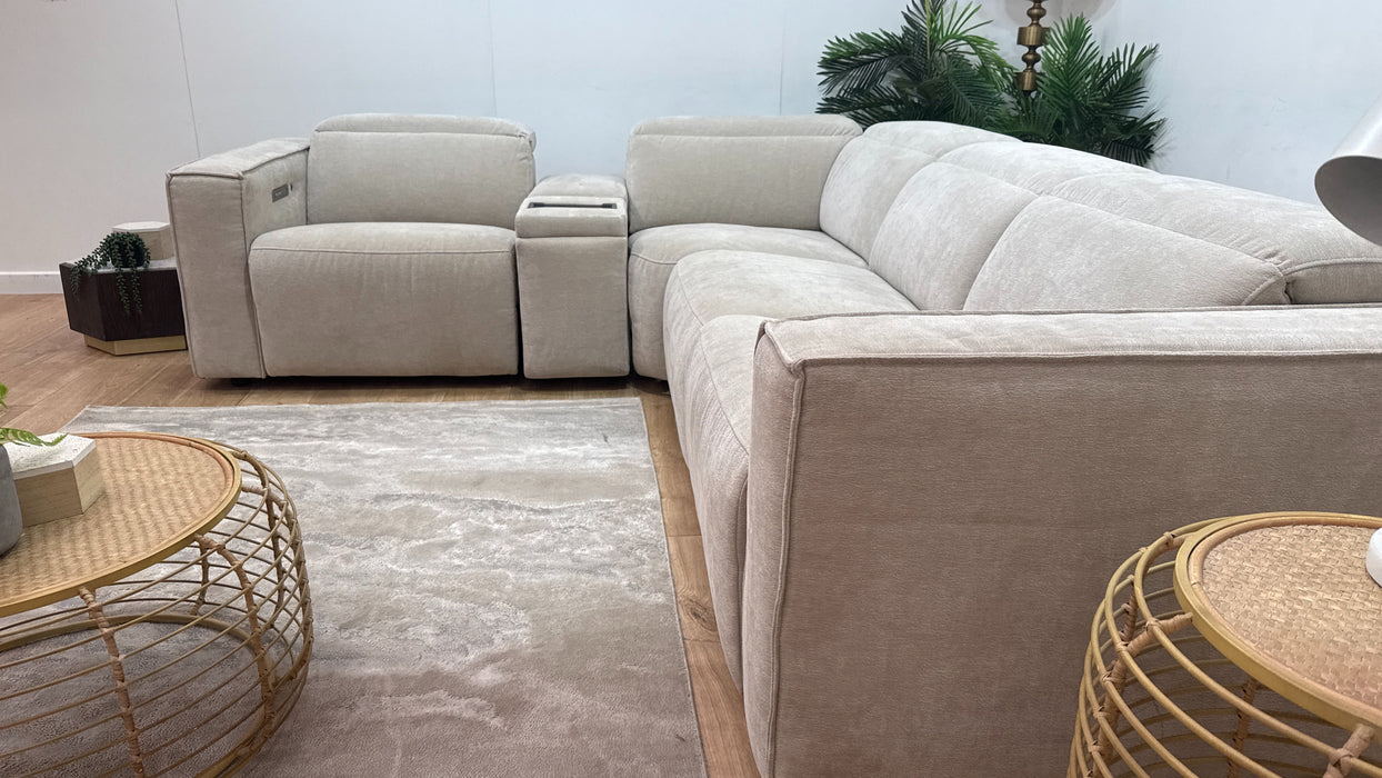 Sofology Horizon Fabric 1.5 Smart Console Corner 3 Power Recliner/Headrest Heated Seats in Textured Chenille Stone
