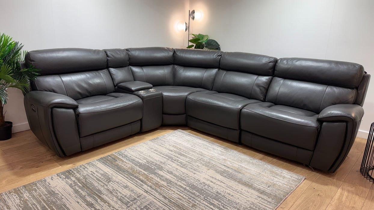 Sofology Radleigh Leather 1.5 Corner 2.5 Console Triple Power Recliner/Headrest in Trusty Soft Sheen Charcoal