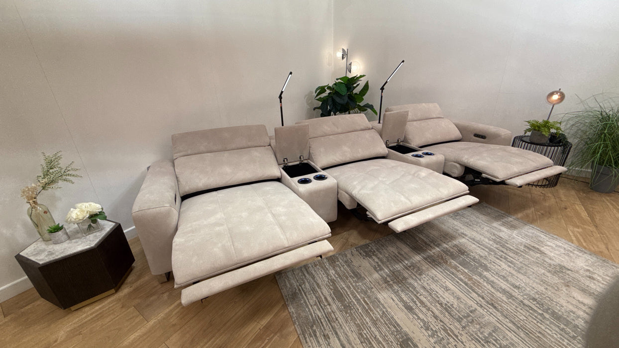 Sofology Marvella Fabric 3 Seater Cinema Sofa Console Power Recliner/Headrest in Lifestyle Flecked Ivory
