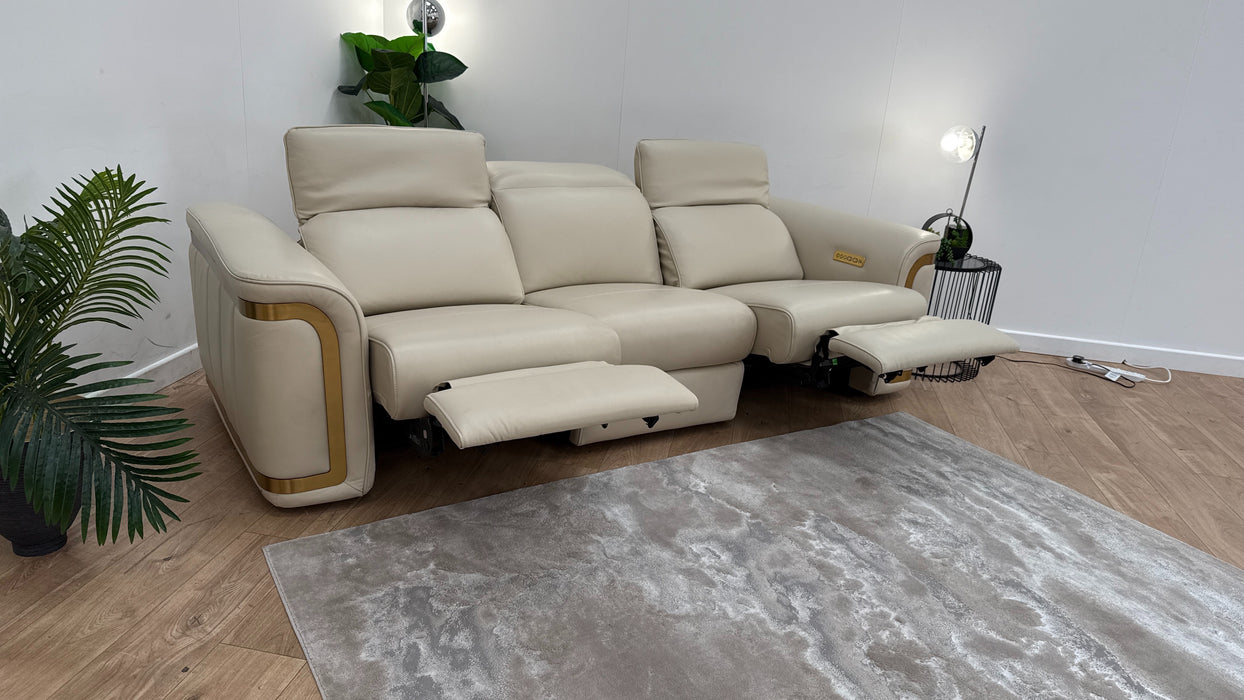 Sofology Plaza Leather 3 Seater Power Recliner/Headrest in Trusty Embossed Bone China