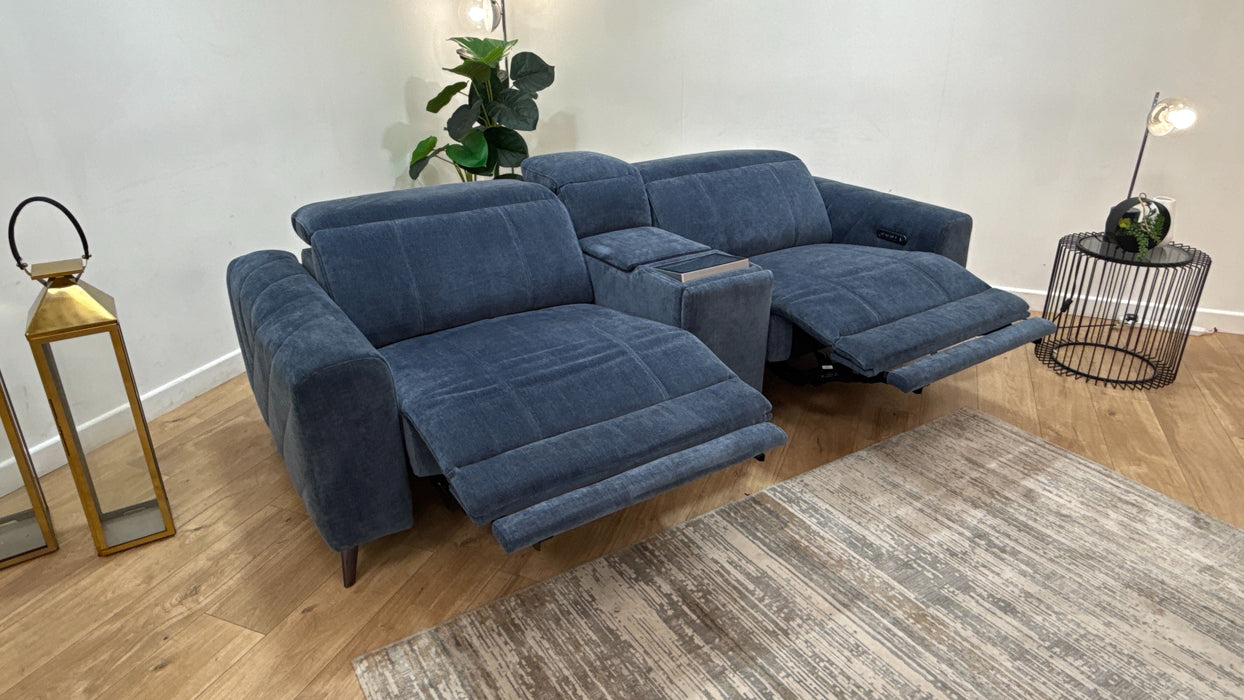 Sofology Allure Fabric 2.5 Seater Console with Screen Power Recliner/Headrest Heated Seats Lumbar Speakers in Relaxed Chenille Denim