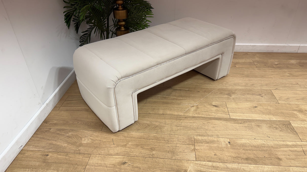 Sofology Oscar Fabric Small Bench Footstool Silver Trim in Super Matt Velvet Ecru