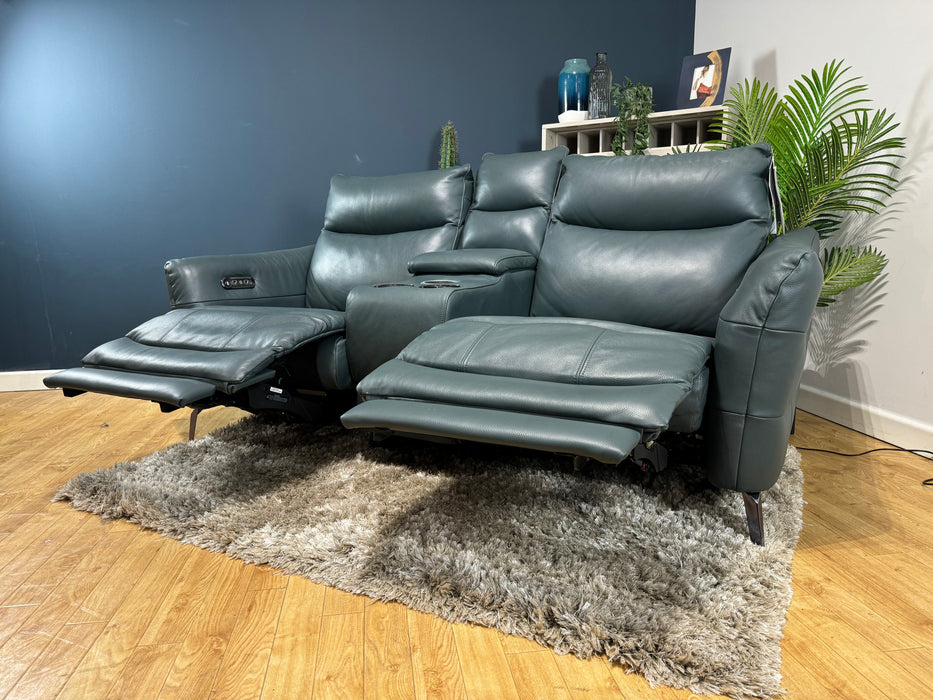 Renato 2 Seater Peacock Leather Power Recliner Console & Speakers (WA2)