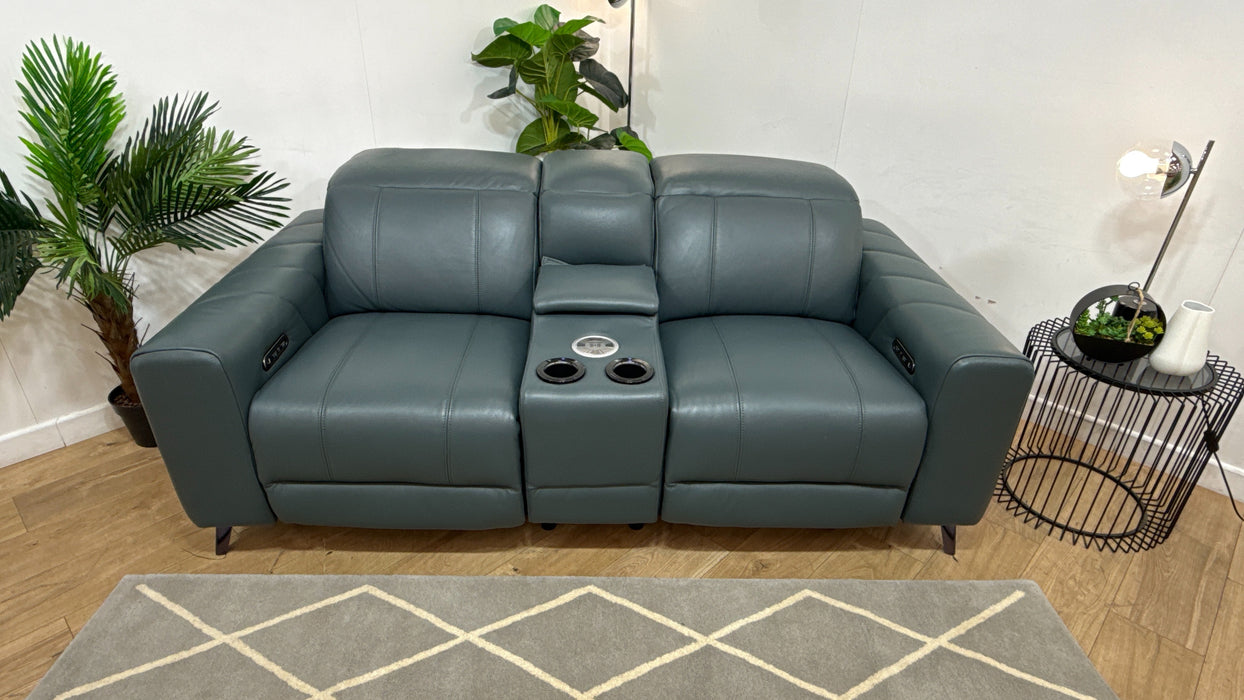 Sofology Allure Leather 2 Seater Smart Console Power Recliner/Headrest in Trusty Embossed Peacock