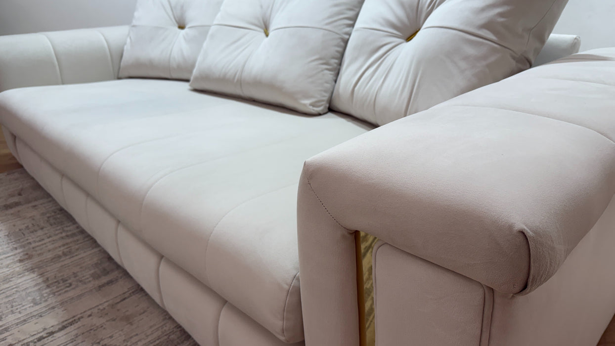 Sofology Oscar Fabric 4 Seater Gold Trim in Super Matt Velvet Ecru Mix