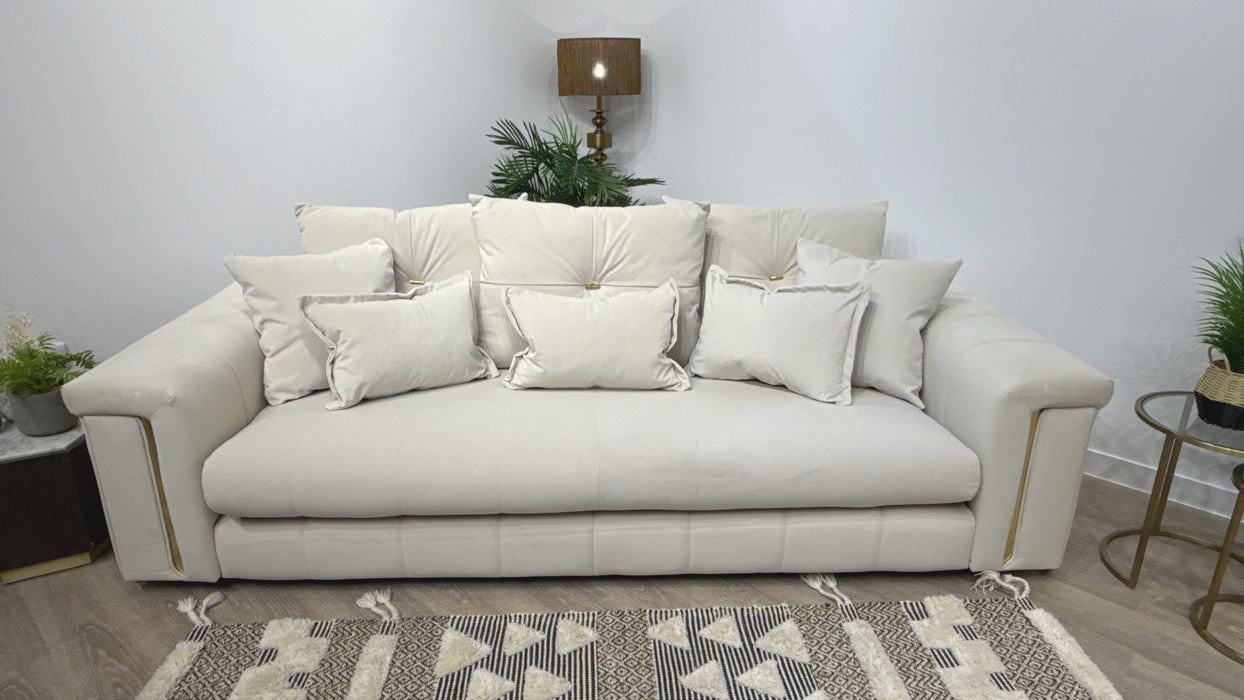 Sofology Oscar Fabric 4 Seater Gold Trim in Super Matt Velvet Ecru