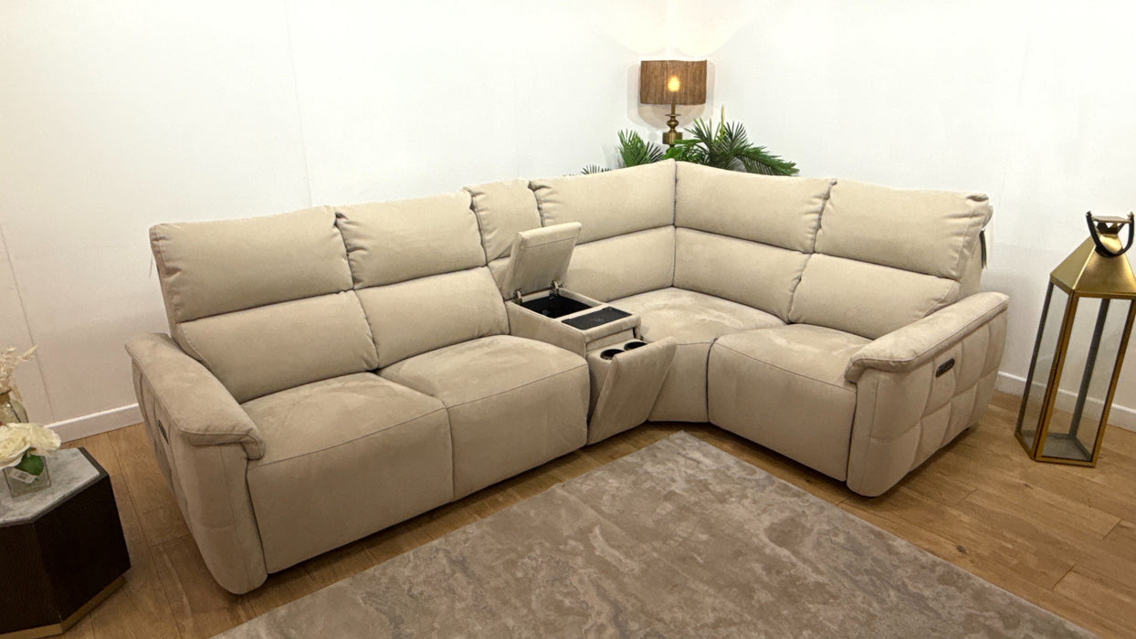 Sofology Ripley Fabric 3 Corner Console 1 Power Recliner/Headrest Lumbar Support in Lifestyle Nubuck Feel Stone