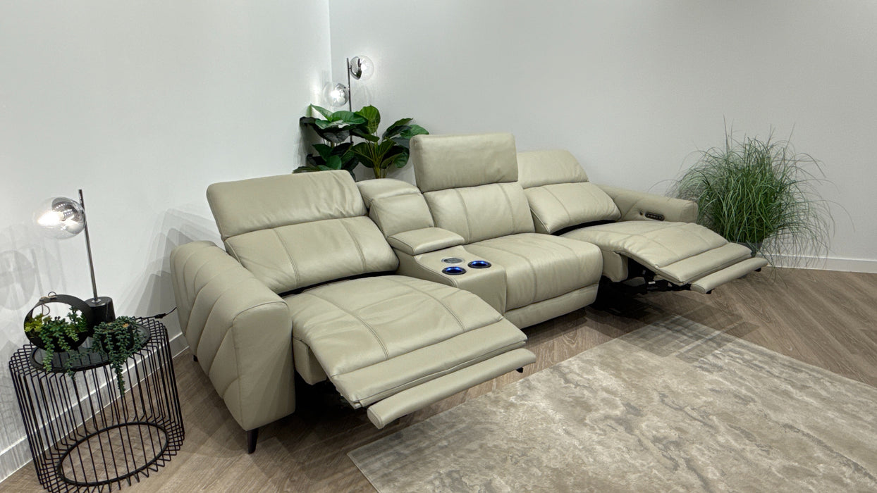 Sofology Allure Leather 3 Seater Power Recliner/Headrest Heated Seats Lumbar Support Speakers in Trusty Embossed Light Grey