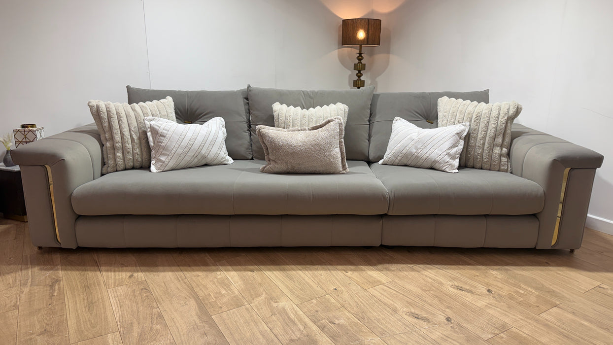 Sofology Oscar Fabric 4 Seater Gold Trim in Matt Velvet Pebble