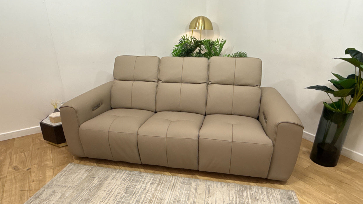 Sofology Riviera 3 Seater Leather Power Recliner, Power Hdrst + Heated Seats in Super Matt Putty