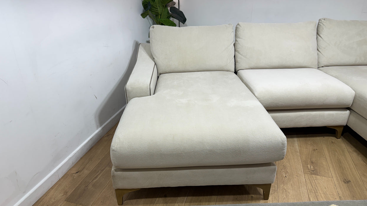 Sofology Wildwood Fabric 4 Seater Double Chaise with Footstool in Soft Sherpa Natural Contrast Piping Mix