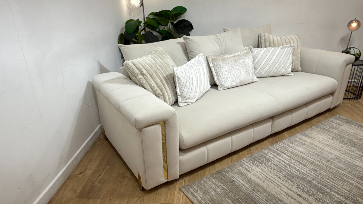 Sofology Oscar Fabric 4 Seater Split Gold Trim in Super Matt Velvet Ecru Mix