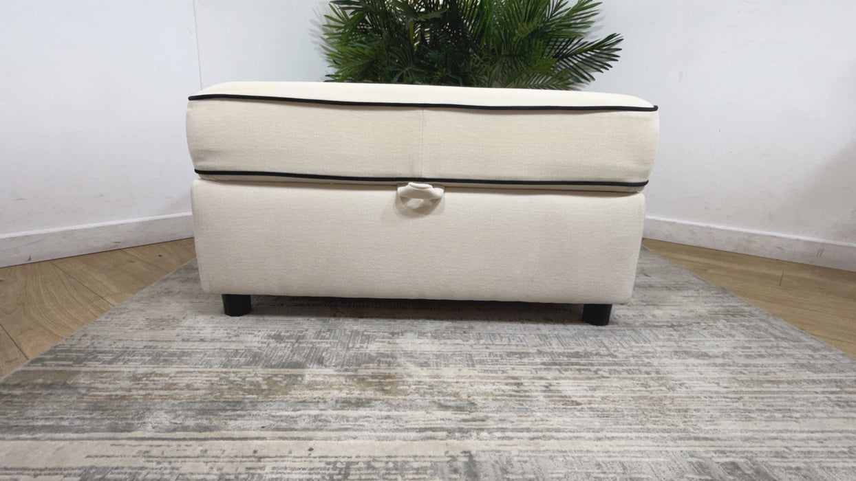 Sofology Atelier Storage Footstool in Chenille Ivory All Over With Black Contrast Piping