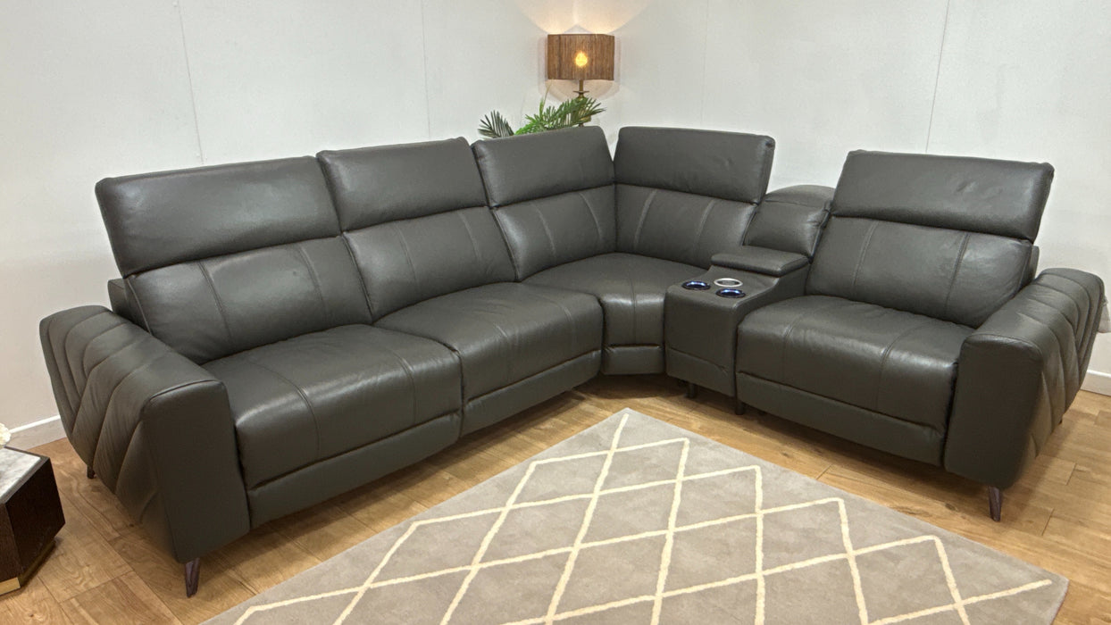 Sofology Allure Leather 3 Corner Smart Console 1.5 Power Recliner/Headrest Heated Seats Lumbar Support Speakers Trusty Embossed Charcoal
