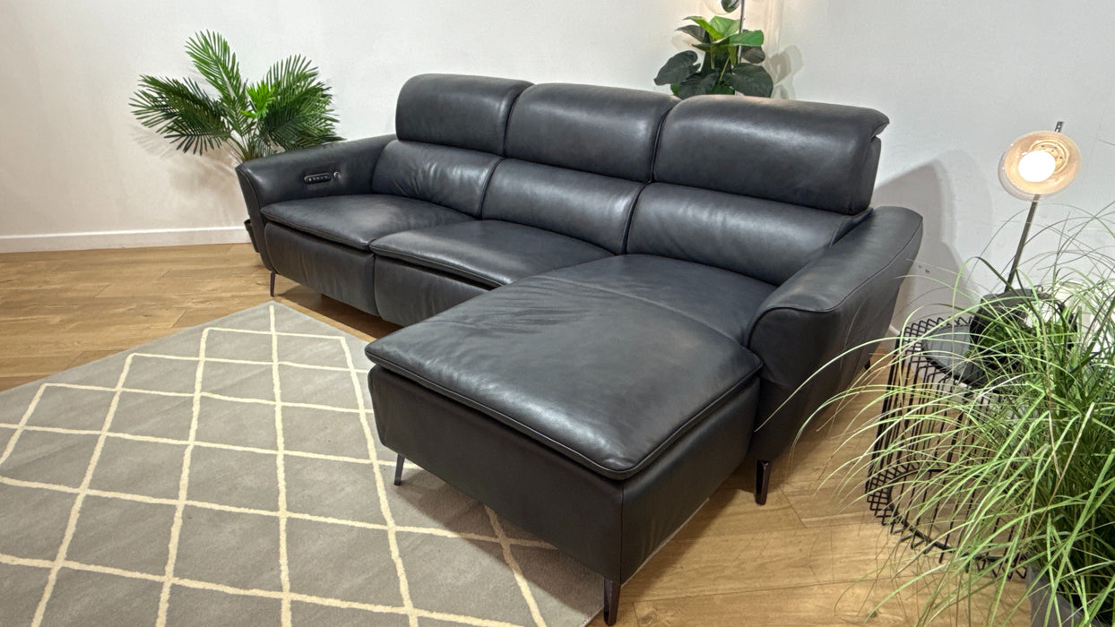 Sofology The Viento 3 Seater Leather Chaise, Power Recliner, HDRST,Lumber & Heated St in Navy
