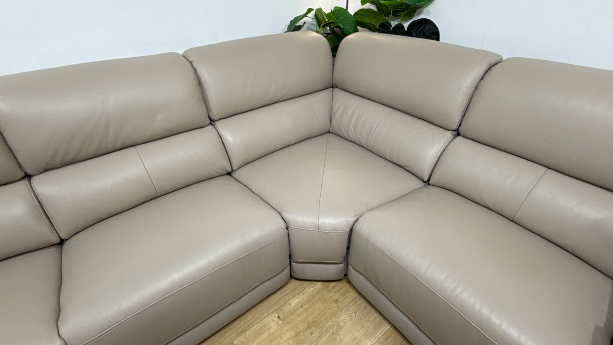 Sofology Hugo Leather 3 Corner Console 3 Power Chaise Power Recliner/Headrest in Trusty Embossed  Stone