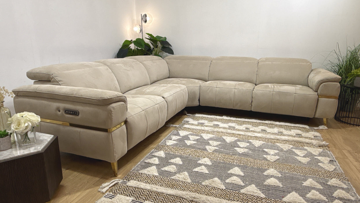 Sofology Milan Fabric 3 Corner 3 Power Recliner/Headrest Heated Seats Lumbar Support with Trim in Lifestyle Nubuck Feel Fabric Stone