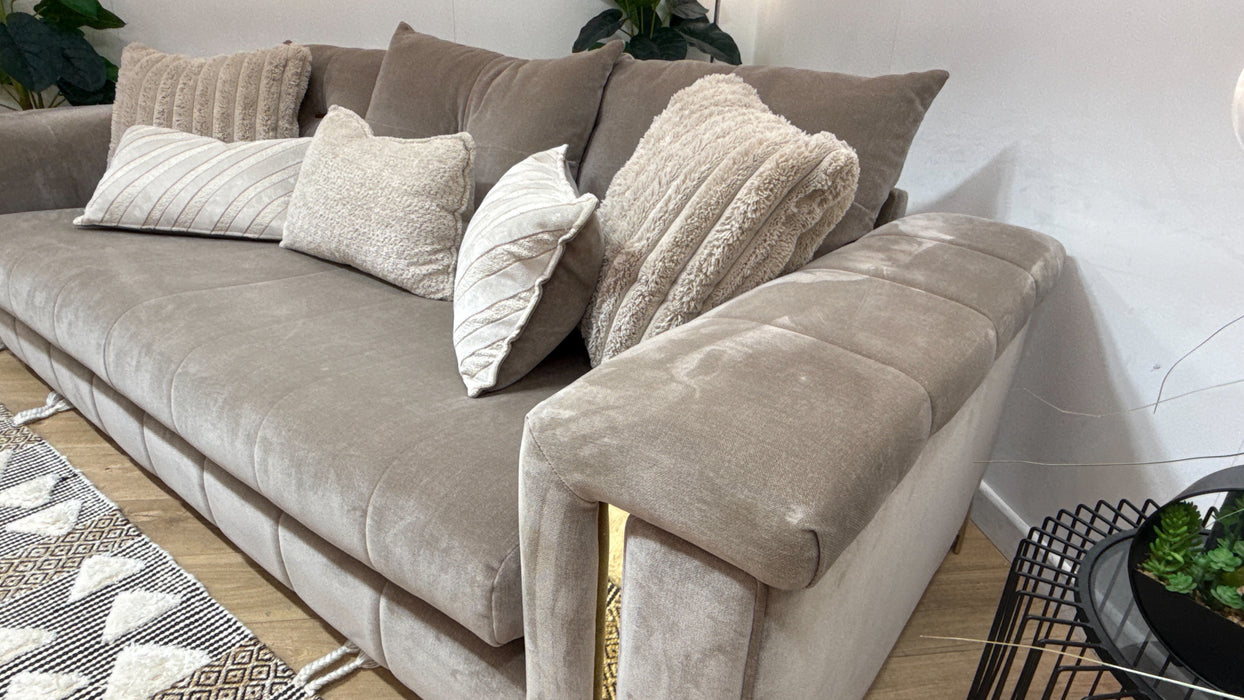 Sofology Oscar Fabric 4 Seater Gold Trim in Fine Textured Chenille Stone Mix