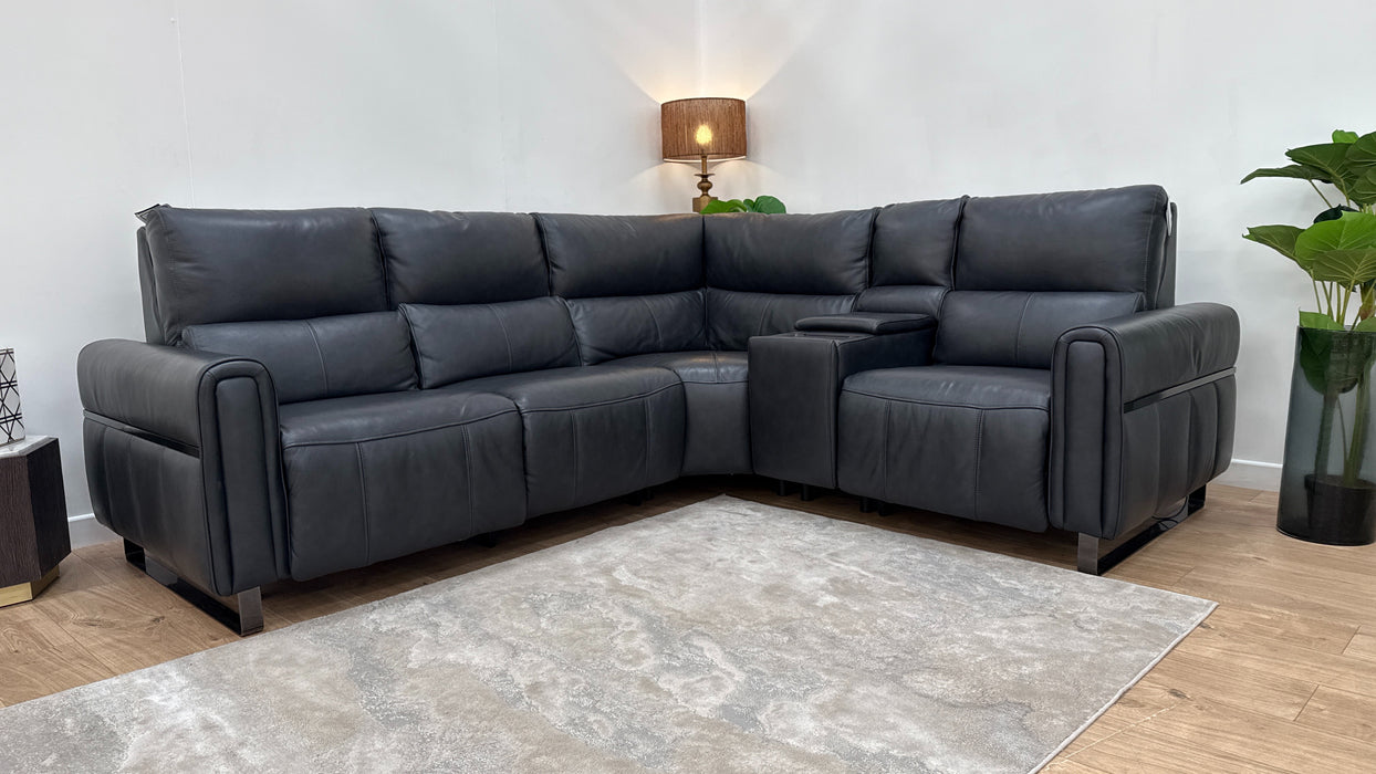 Sofology The Ravello Leather 2 Corner Console 1 Power Recliner/Headrest Heated Seat Lumbar Support in Trusty Embossed Navy