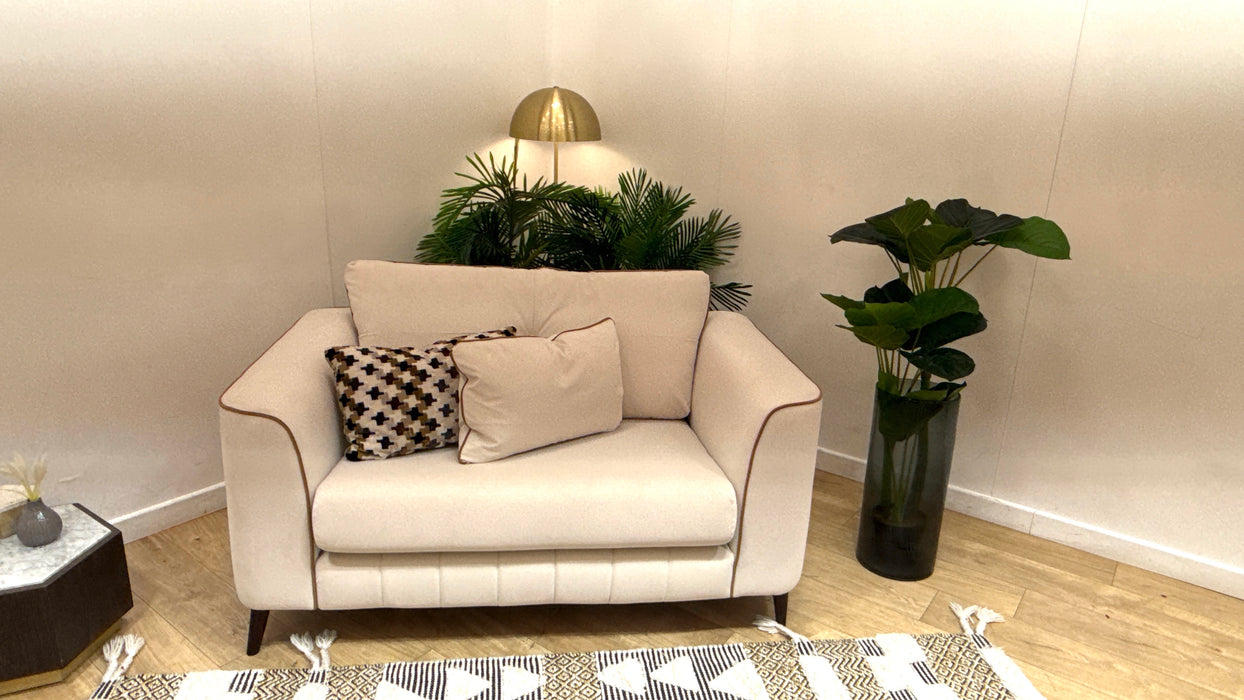 Sofology Remy Fabric Loveseat in Super Matt Velvet Ecru Mix With Caramel Contrast Piping