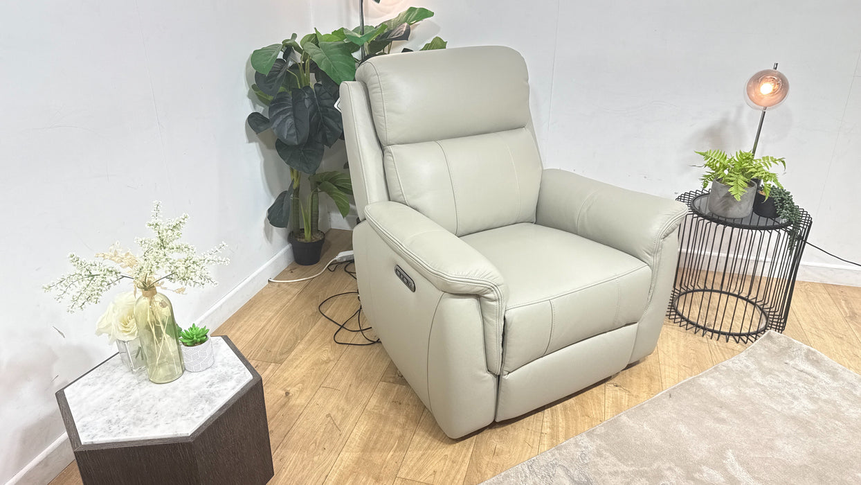 Sofology Bradie Leather Chair Power Recliner/Headrest in Trusty Embossed Light Grey