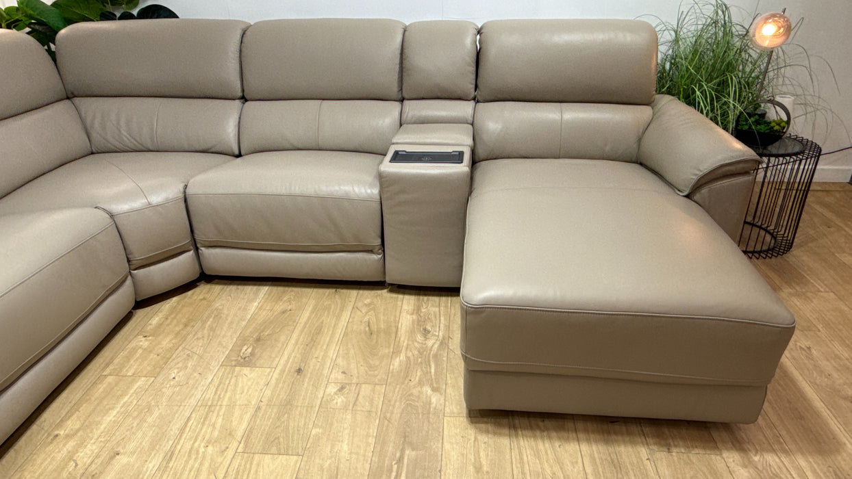 Sofology Hugo Leather 3 Corner Console 3 Power Chaise Power Recliner/Headrest in Trusty Embossed  Stone