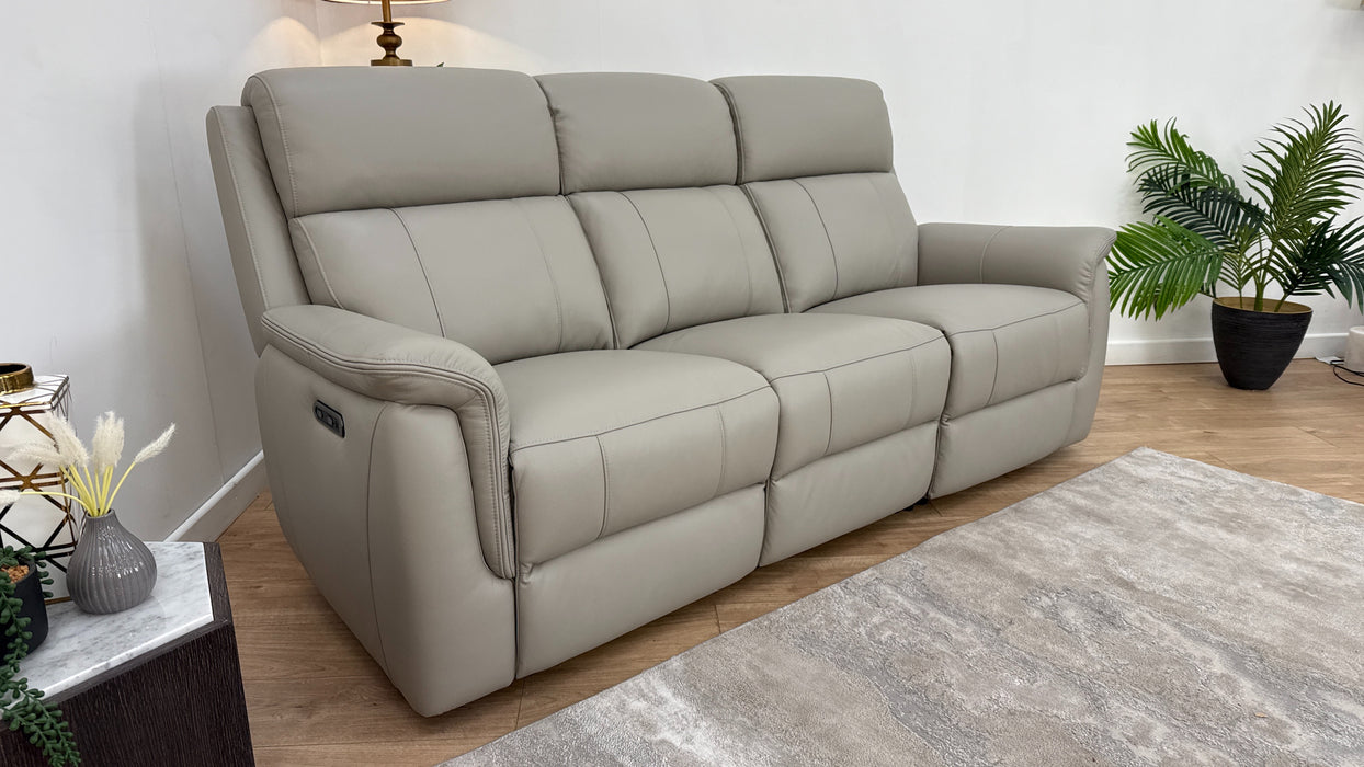 Sofology Bradie Leather 3 Seater Power Recliner in Trusty Embossed Light Grey