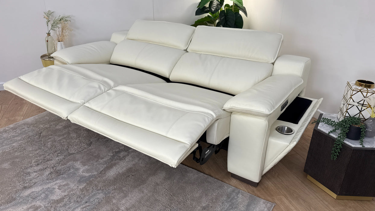 Sofology Benz Leather 3 Seater Power Recliner/Headrest in Trusty Sheen White